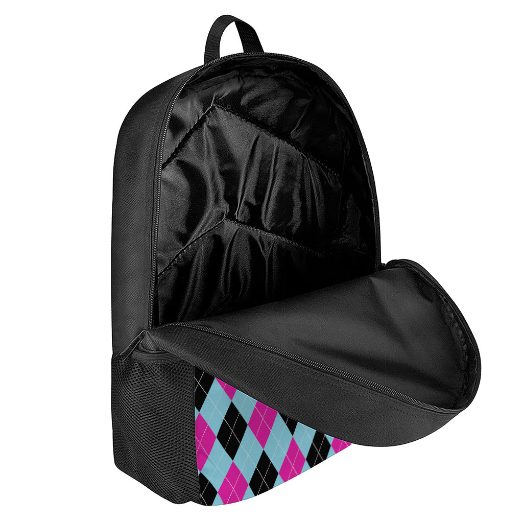 Blue Pink And Black Argyle Pattern Print 17 Inch Backpack