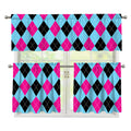 Blue Pink And Black Argyle Pattern Print 3 Piece Kitchen Curtains