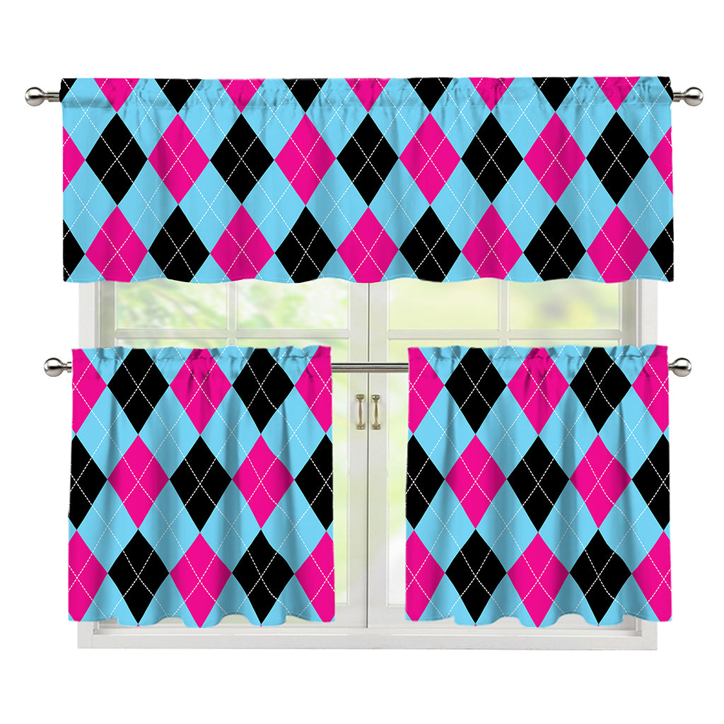 Blue Pink And Black Argyle Pattern Print 3 Piece Kitchen Curtains