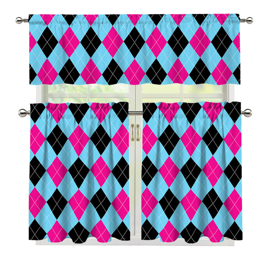 Blue Pink And Black Argyle Pattern Print 3 Piece Kitchen Curtains