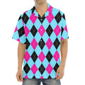 Blue Pink And Black Argyle Pattern Print Aloha Shirt