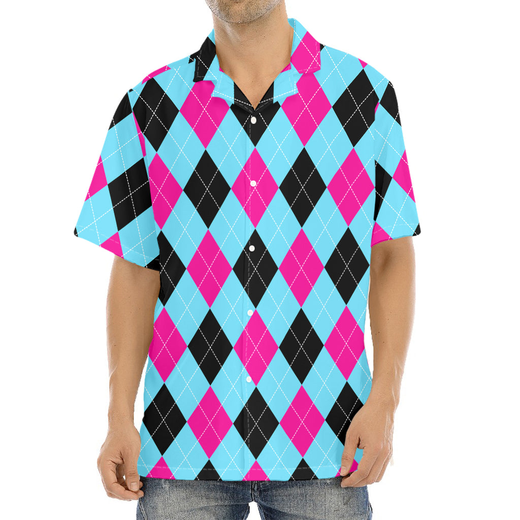 Blue Pink And Black Argyle Pattern Print Aloha Shirt