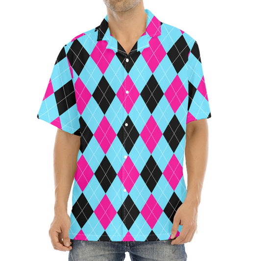 Blue Pink And Black Argyle Pattern Print Aloha Shirt