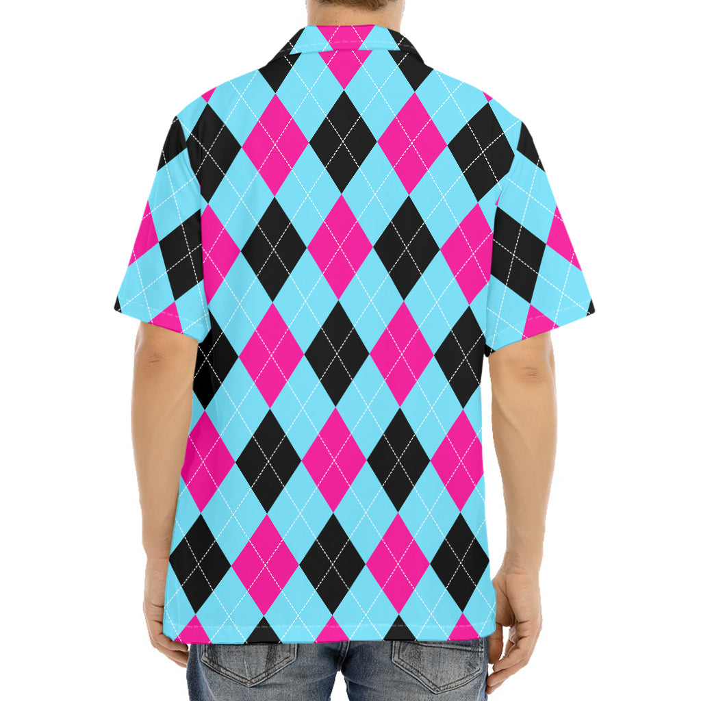 Blue Pink And Black Argyle Pattern Print Aloha Shirt