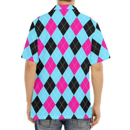 Blue Pink And Black Argyle Pattern Print Aloha Shirt