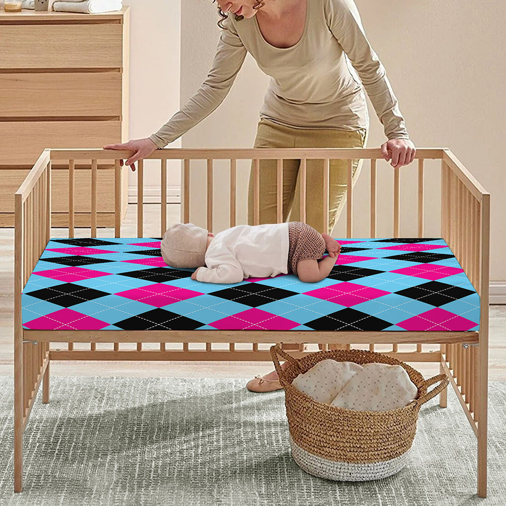 Blue Pink And Black Argyle Pattern Print Baby Crib Sheet