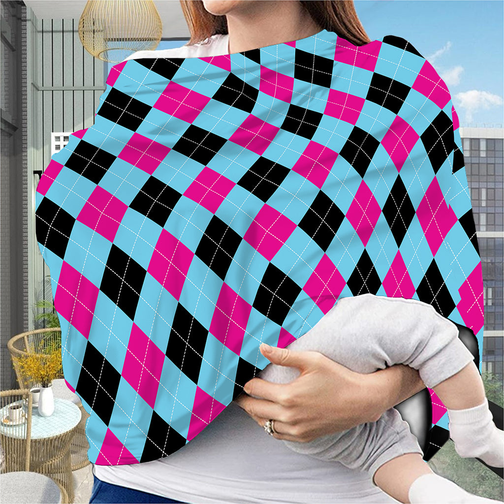 Blue Pink And Black Argyle Pattern Print Baby Seat Cover