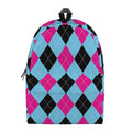 Blue Pink And Black Argyle Pattern Print School Backpack