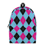 Blue Pink And Black Argyle Pattern Print Backpack