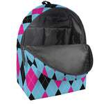 Blue Pink And Black Argyle Pattern Print Backpack