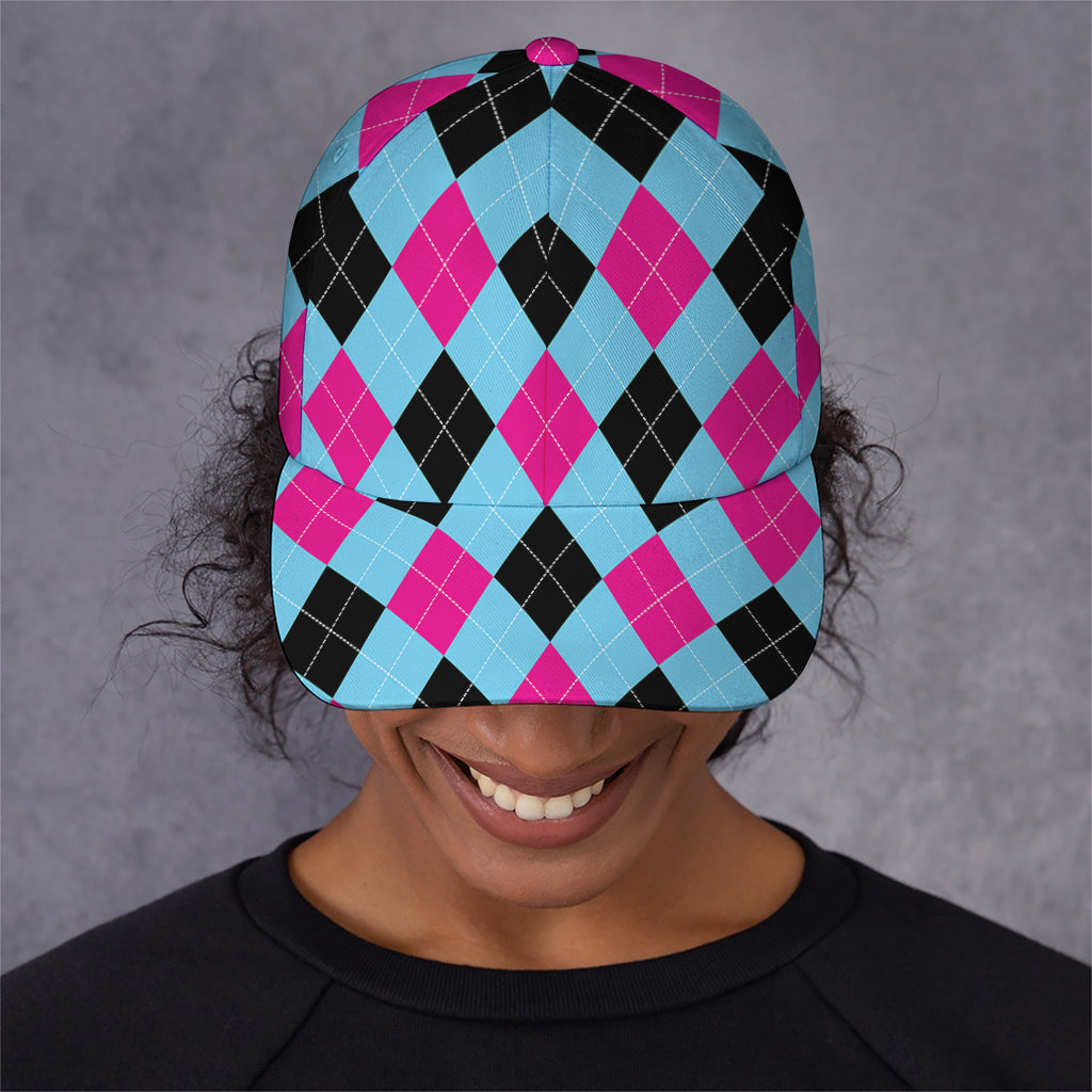 Blue Pink And Black Argyle Pattern Print Baseball Cap