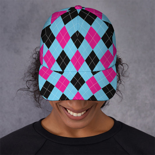 Blue Pink And Black Argyle Pattern Print Baseball Cap