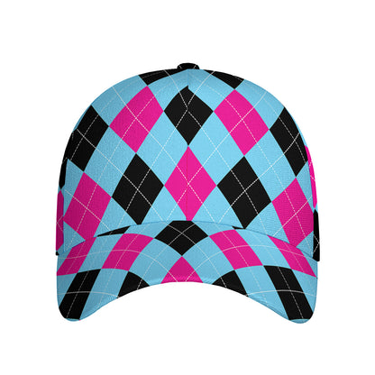 Blue Pink And Black Argyle Pattern Print Baseball Cap