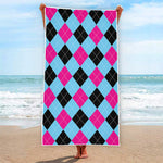 Blue Pink And Black Argyle Pattern Print Beach Towel
