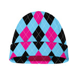 Blue Pink And Black Argyle Pattern Print Beanie