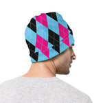 Blue Pink And Black Argyle Pattern Print Beanie