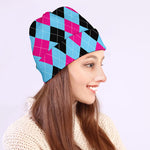 Blue Pink And Black Argyle Pattern Print Beanie
