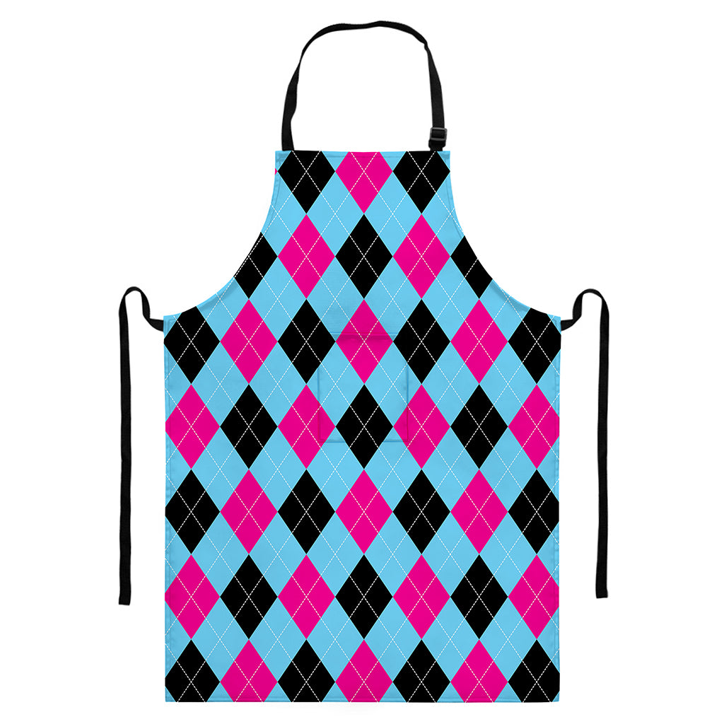 Blue Pink And Black Argyle Pattern Print Bib Apron With Pocket