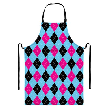 Blue Pink And Black Argyle Pattern Print Bib Apron With Pocket