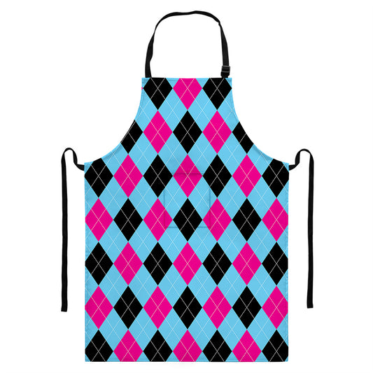 Blue Pink And Black Argyle Pattern Print Bib Apron With Pocket