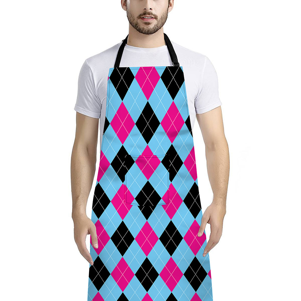 Blue Pink And Black Argyle Pattern Print Bib Apron With Pocket