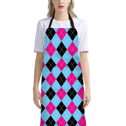 Blue Pink And Black Argyle Pattern Print Bib Apron With Pocket
