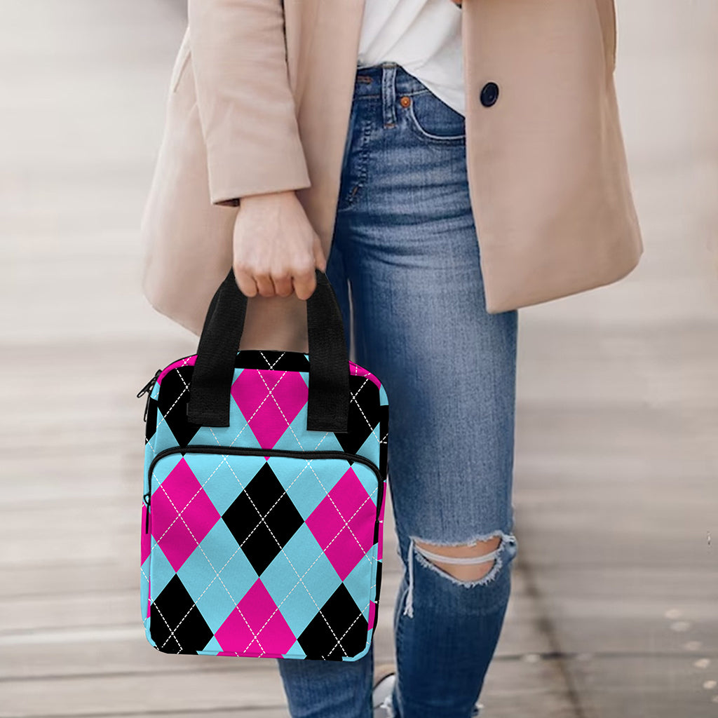 Blue Pink And Black Argyle Pattern Print Bible Tote Bag