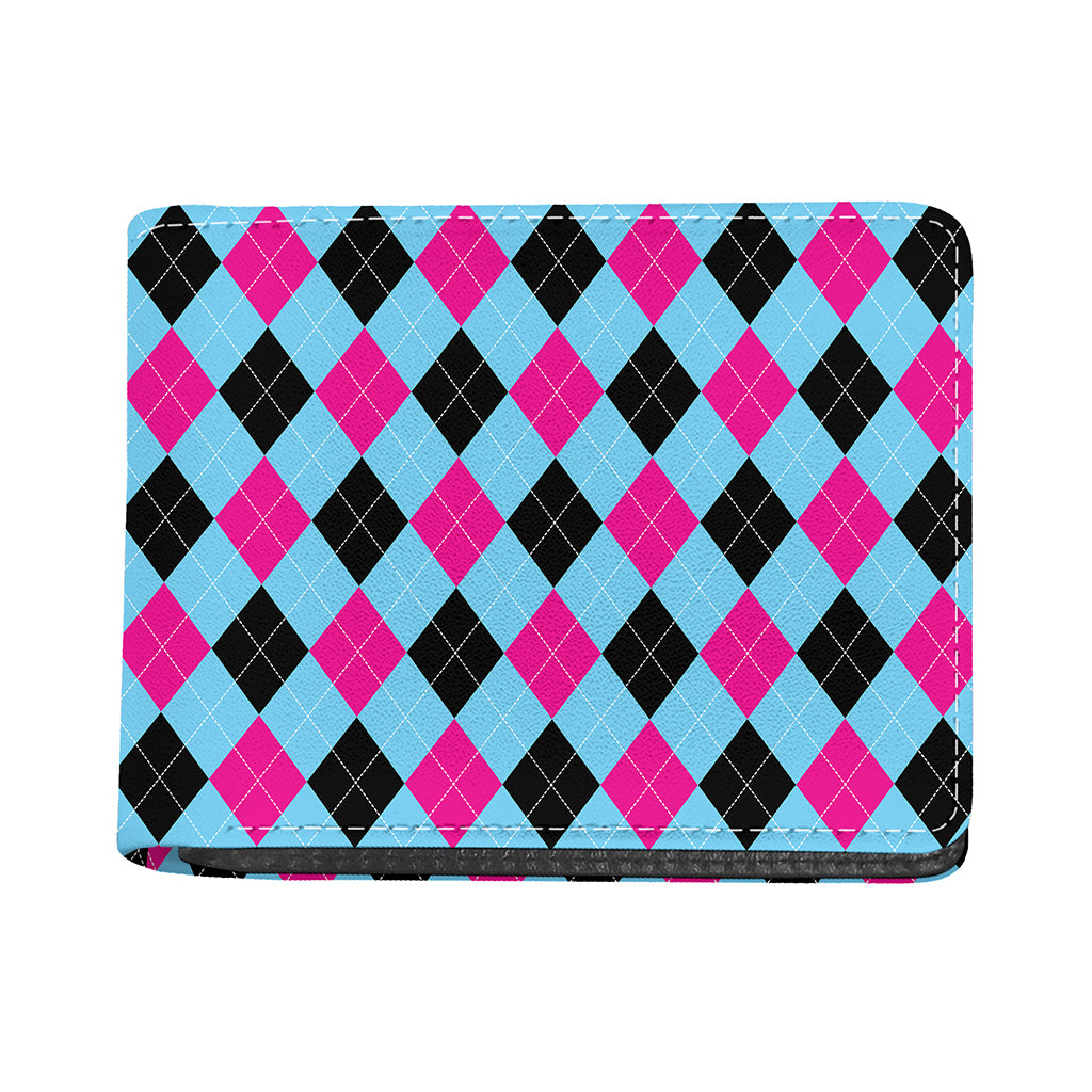 Blue Pink And Black Argyle Pattern Print Bifold Wallet