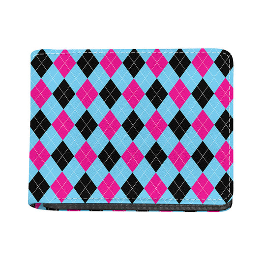 Blue Pink And Black Argyle Pattern Print Bifold Wallet