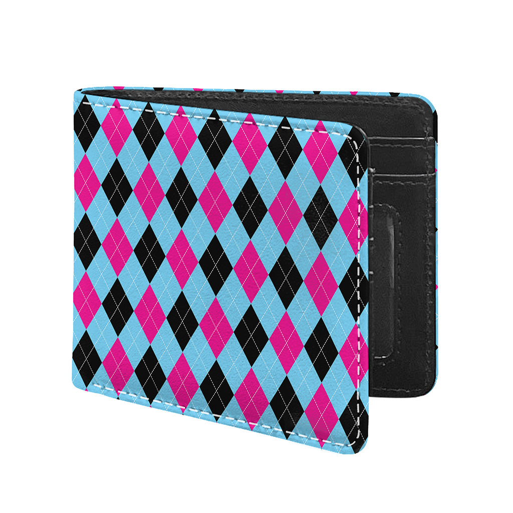 Blue Pink And Black Argyle Pattern Print Bifold Wallet