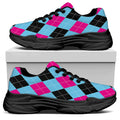Blue Pink And Black Argyle Pattern Print Black Chunky Shoes