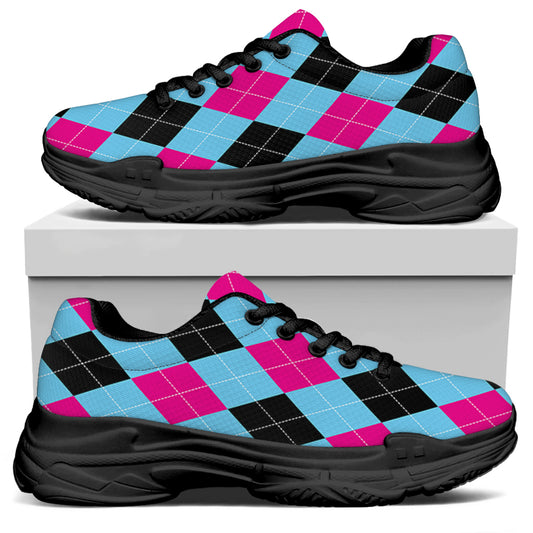 Blue Pink And Black Argyle Pattern Print Black Chunky Shoes