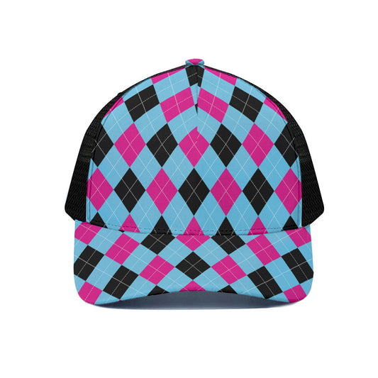 Blue Pink And Black Argyle Pattern Print Black Mesh Trucker Cap