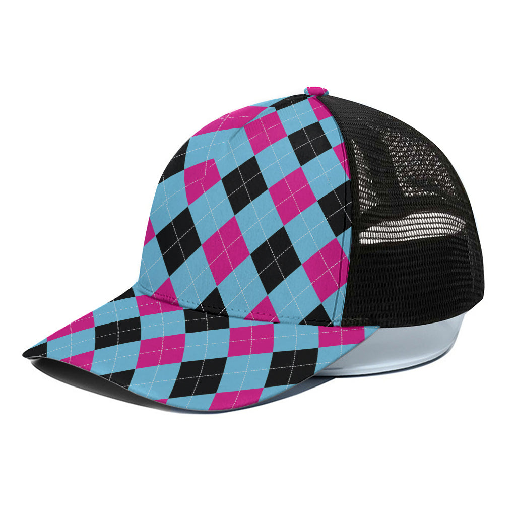 Blue Pink And Black Argyle Pattern Print Black Mesh Trucker Cap