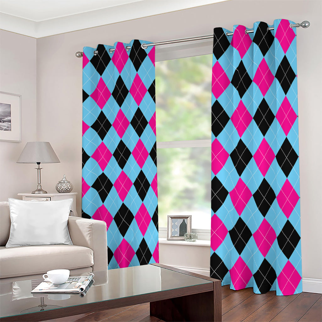 Blue Pink And Black Argyle Pattern Print Blackout Grommet Curtains