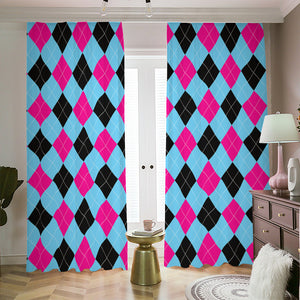 Blue Pink And Black Argyle Pattern Print Blackout Pencil Pleat Curtains