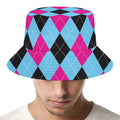 Blue Pink And Black Argyle Pattern Print Bucket Hat