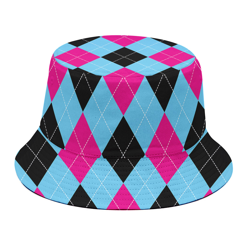 Blue Pink And Black Argyle Pattern Print Bucket Hat