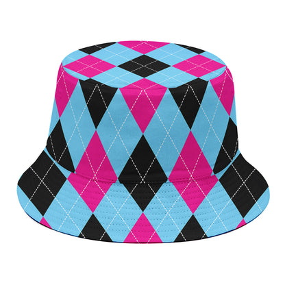 Blue Pink And Black Argyle Pattern Print Bucket Hat
