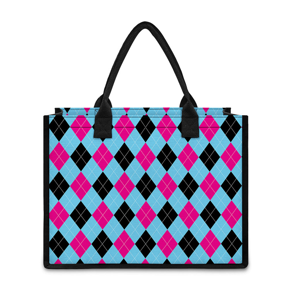 Blue Pink And Black Argyle Pattern Print Canvas Tote Bag