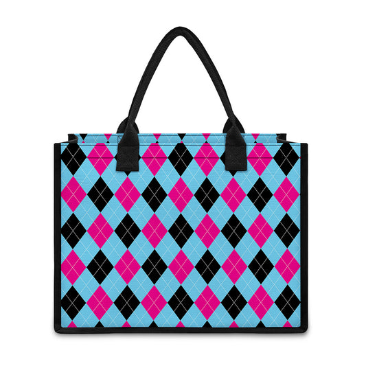 Blue Pink And Black Argyle Pattern Print Canvas Tote Bag