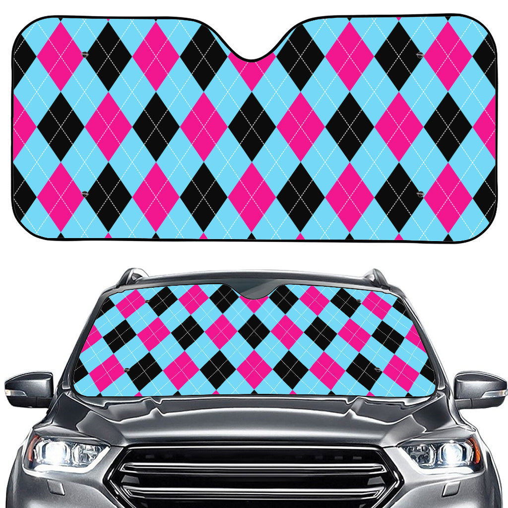 Blue Pink And Black Argyle Pattern Print Car Windshield Sun Shade