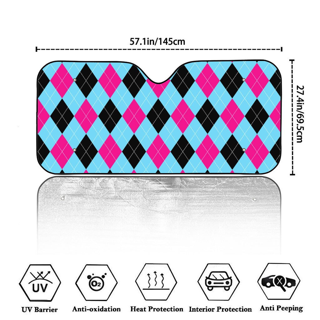 Blue Pink And Black Argyle Pattern Print Car Windshield Sun Shade