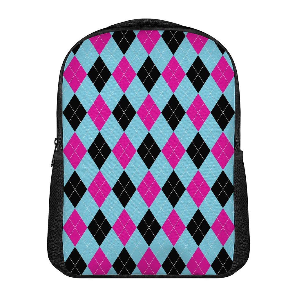 Blue Pink And Black Argyle Pattern Print Casual Backpack