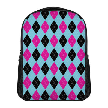 Blue Pink And Black Argyle Pattern Print Casual Backpack