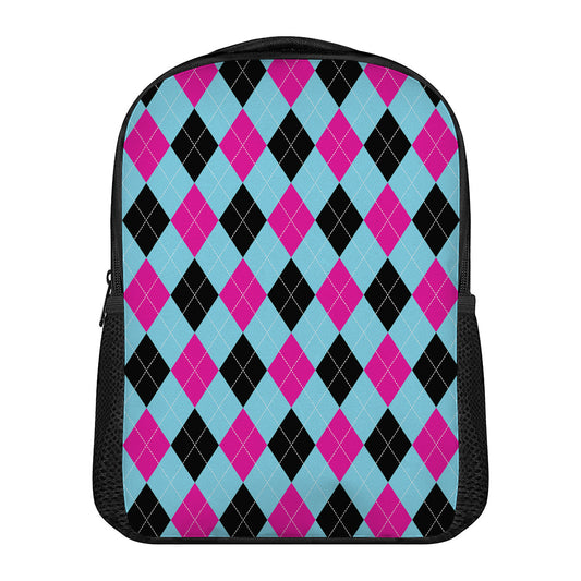 Blue Pink And Black Argyle Pattern Print Casual Backpack