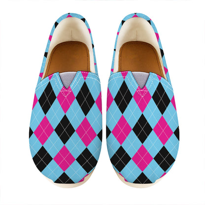 Blue Pink And Black Argyle Pattern Print Casual Shoes
