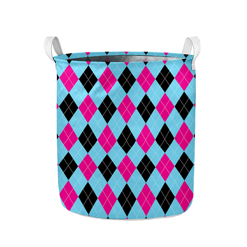 Blue Pink And Black Argyle Pattern Print Collapsible Laundry Basket