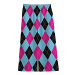 Blue Pink And Black Argyle Pattern Print Cotton Front Slit Maxi Skirt