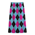 Blue Pink And Black Argyle Pattern Print Cotton Front Slit Maxi Skirt